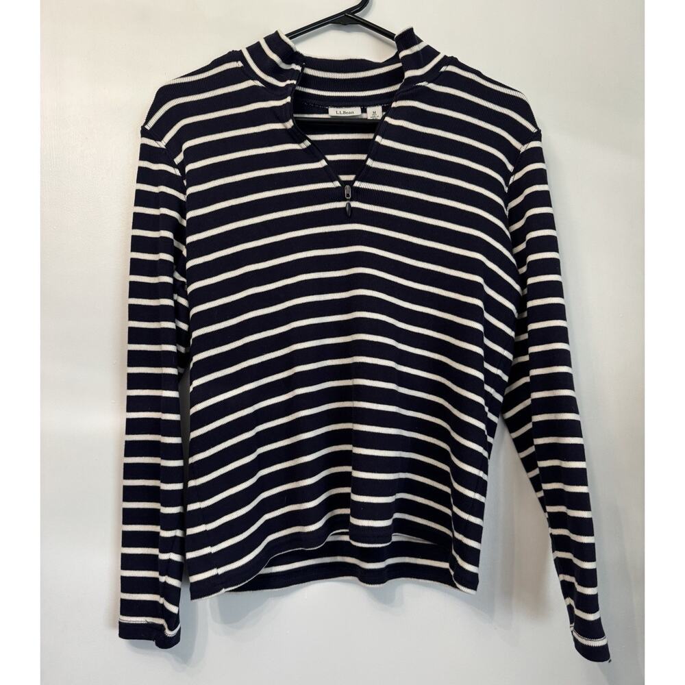 L.L.Bean 1/4 Zip Sweater Women Medium Blue White Striped Knit Cotton Nautical